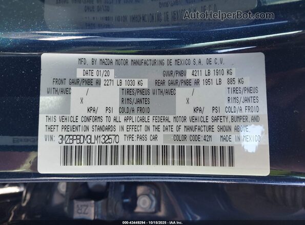 3MZBPBDM3LM132570 2020 MAZDA 3 Dark Blue Engine compartment view