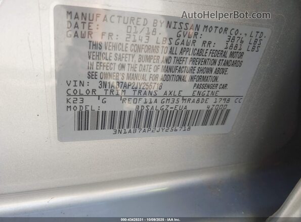 3N1AB7AP2JY256718 2018 NISSAN SENTRA Silver Вид підкапотного простору