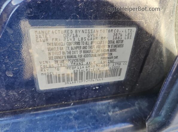 3N1AB7AP7JY267665 2018 NISSAN SENTRA Blue ძრავის განყოფილების ხედი