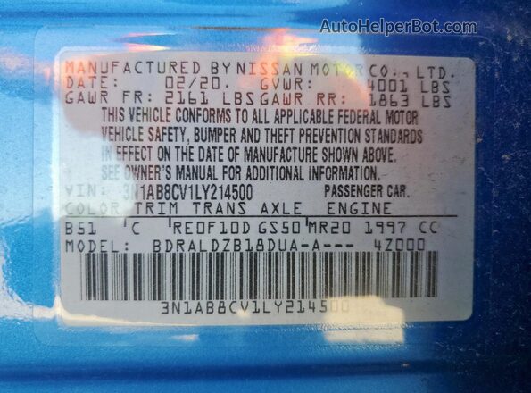 3N1AB8CV1LY214500 2020 NISSAN SENTRA Blue Widok naklejki z numerem VIN
