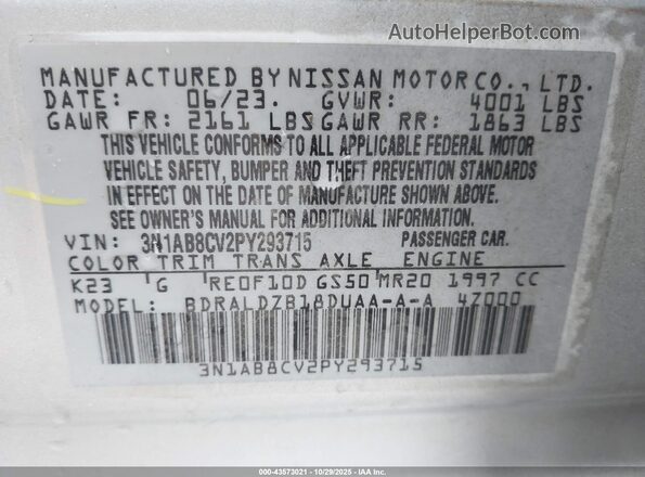 3N1AB8CV2PY293715 2023 NISSAN SENTRA Silver 