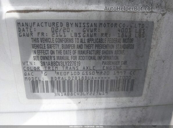 3N1AB8CV3LY227619 2020 NISSAN SENTRA White Widok komory silnika