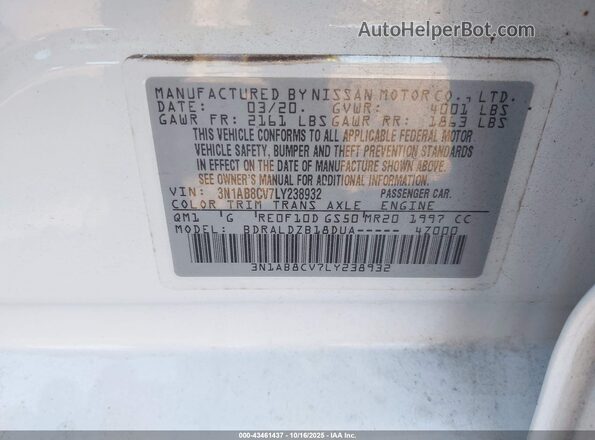 3N1AB8CV7LY238932 2020 NISSAN SENTRA White Widok komory silnika