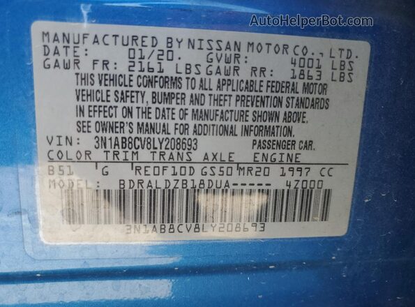 3N1AB8CV8LY208693 2020 NISSAN SENTRA Blue 