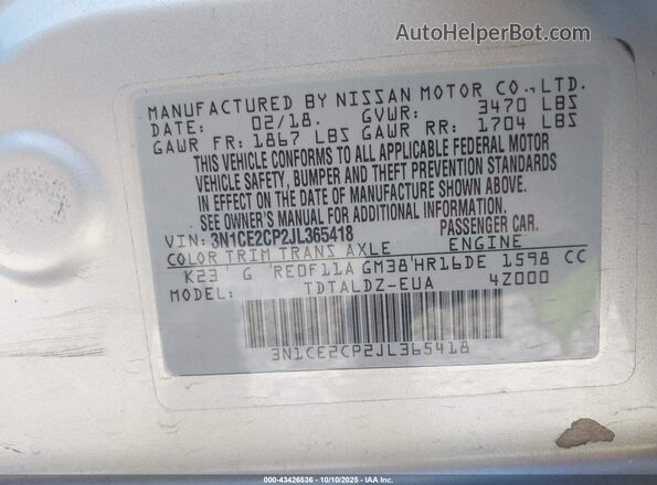 3N1CE2CP2JL365418 2018 NISSAN VERSA NOTE Silver 