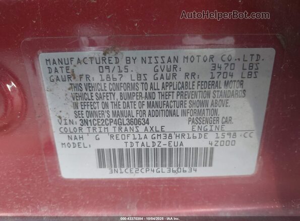 3N1CE2CP4GL360634 2016 NISSAN VERSA NOTE Red Вид підкапотного простору