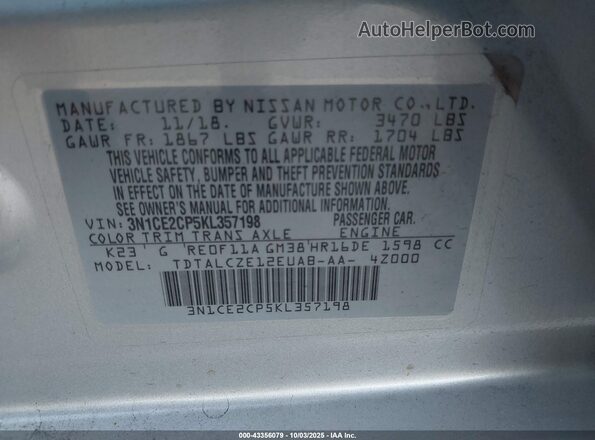 3N1CE2CP5KL357198 2019 NISSAN VERSA NOTE Silver Շարժիչի բաժամունքի տեսք