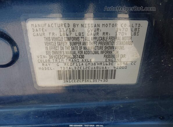 3N1CE2CP5KL357430 2019 NISSAN VERSA NOTE Blue Вид підкапотного простору