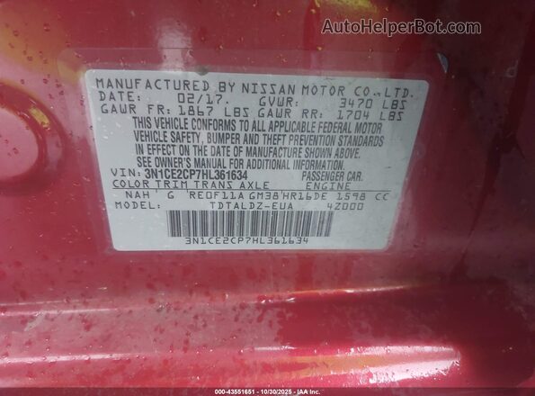 3N1CE2CP7HL361634 2017 NISSAN VERSA NOTE Красный 