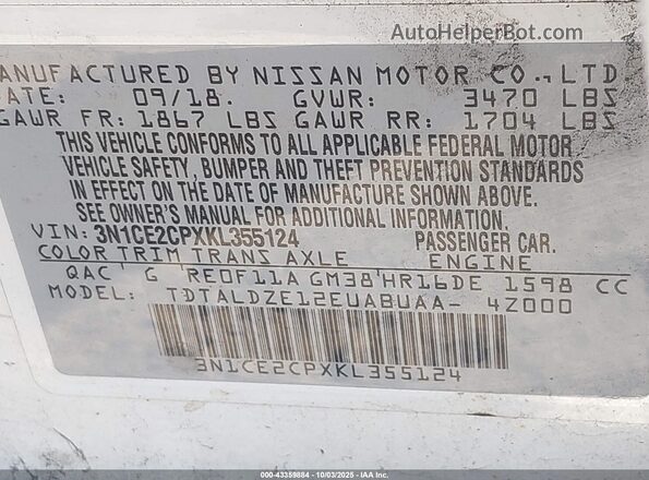 3N1CE2CPXKL355124 2019 NISSAN VERSA NOTE White Вид підкапотного простору