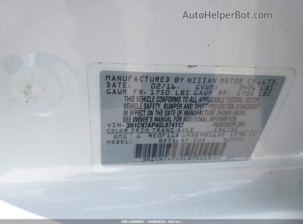 3N1CN7AP4GL874113 2016 NISSAN VERSA White Engine compartment view