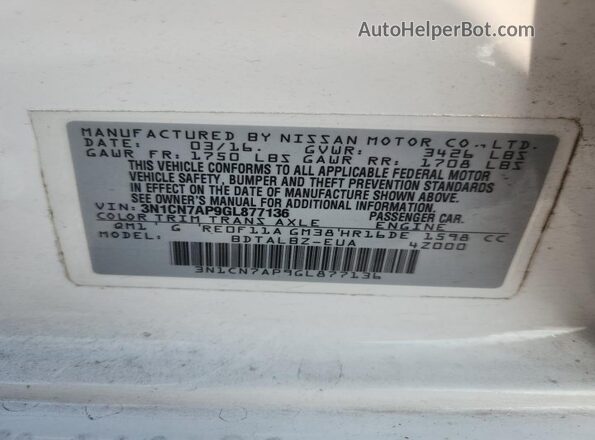 3N1CN7AP9GL877136 2016 NISSAN VERSA White Widok komory silnika
