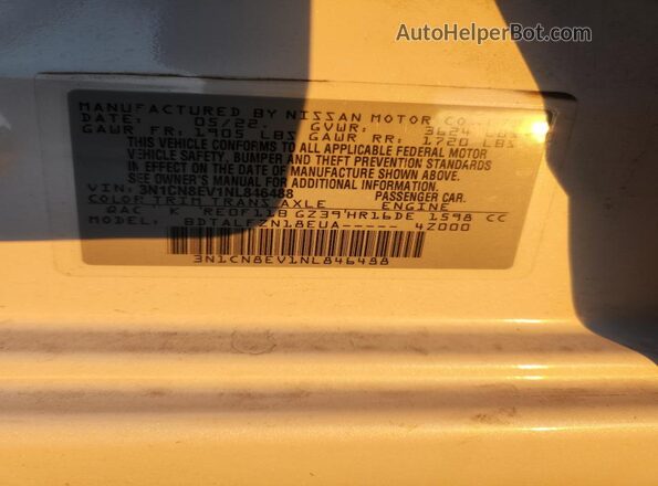 3N1CN8EV1NL846488 2022 NISSAN VERSA White Widok naklejki z numerem VIN