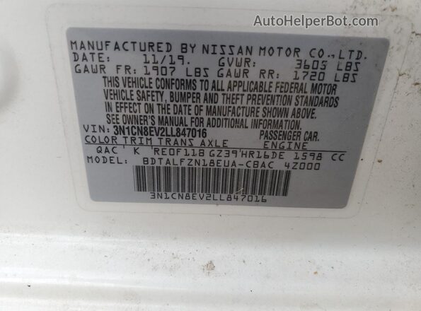 3N1CN8EV2LL847016 2020 NISSAN VERSA White Widok komory silnika