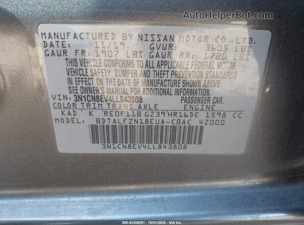 3N1CN8EV4LL843808 2020 NISSAN VERSA Gray Вид підкапотного простору