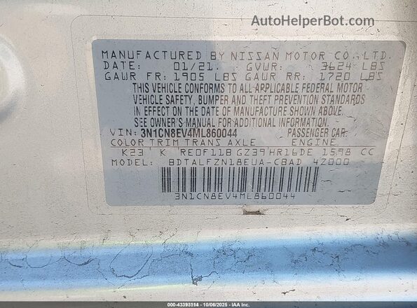 3N1CN8EV4ML860044 2021 NISSAN VERSA Gray 