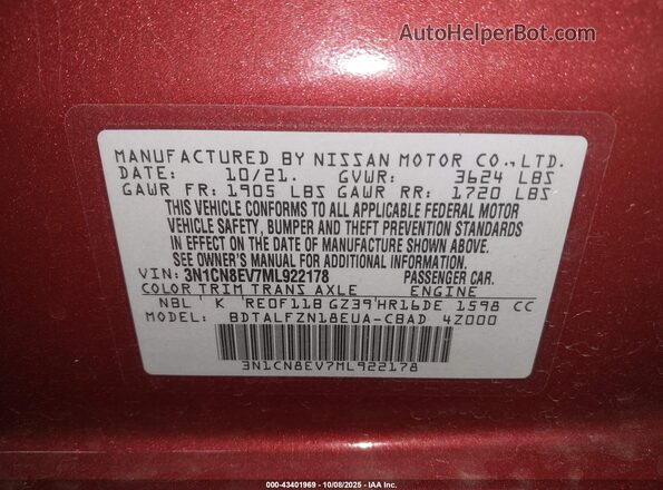 3N1CN8EV7ML922178 2021 NISSAN VERSA Red 
