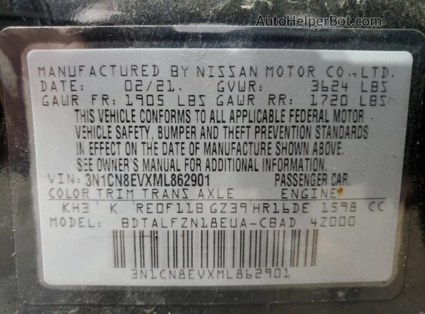 3N1CN8EVXML862901 2021 NISSAN VERSA Black 