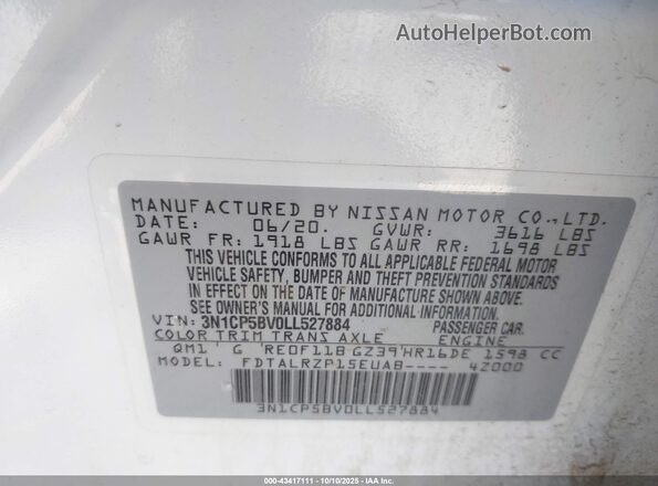 3N1CP5BV0LL527884 2020 NISSAN KICKS White Engine compartment view