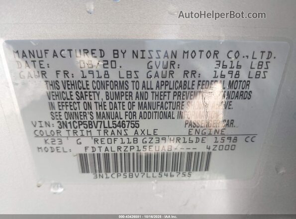 3N1CP5BV7LL546755 2020 NISSAN KICKS Silver Engine compartment view
