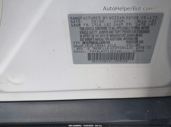 3N1CP5BVXLL509148 2020 NISSAN KICKS White Вид підкапотного простору