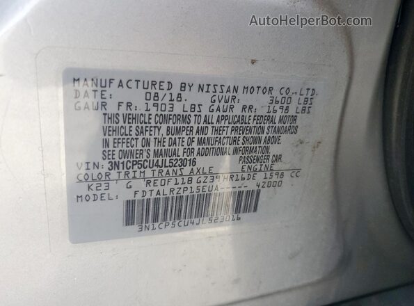 3N1CP5CU4JL523016 2018 NISSAN KICKS Silver 