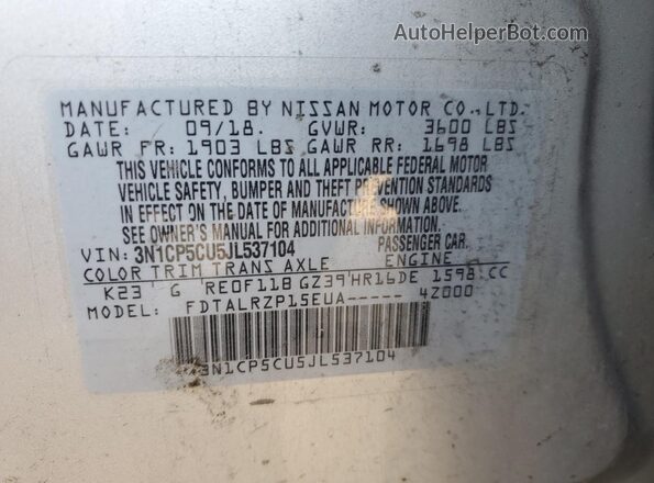 3N1CP5CU5JL537104 2018 NISSAN KICKS Silver 