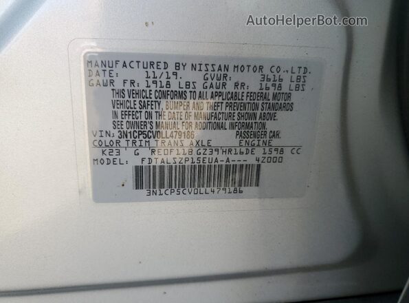 3N1CP5CV0LL479186 2020 NISSAN KICKS Серый Вид наклейки с VIN-кодом