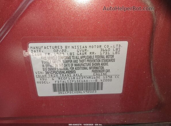 3N1CP5CV0NL492023 2022 NISSAN KICKS Red Vista del compartimento del motor