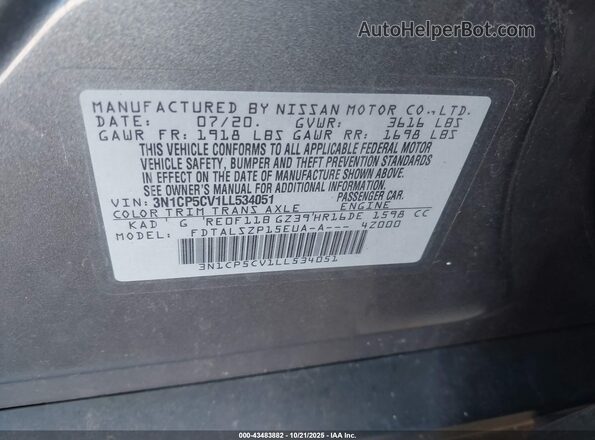 3N1CP5CV1LL534051 2020 NISSAN KICKS Silver Engine compartment view