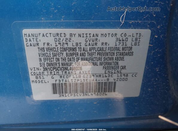 3N1CP5CV3NL498026 2022 NISSAN KICKS Blue Вид підкапотного простору