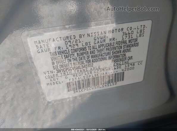 3N1CP5CV5ML545152 2021 NISSAN KICKS Gray 