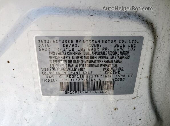 3N1CP5CV6LL515107 2020 NISSAN KICKS White VIN կոդի պիտակի տեսք