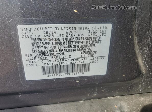 3N1CP5CV7RL522298 2024 NISSAN KICKS Gray VIN sticker view
