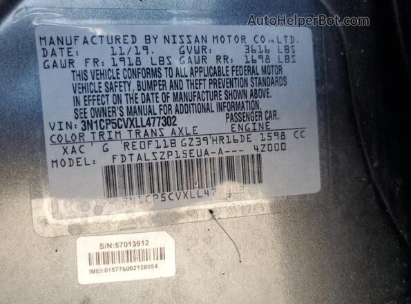 3N1CP5CVXLL477302 2020 NISSAN KICKS Серый Вид наклейки с VIN-кодом