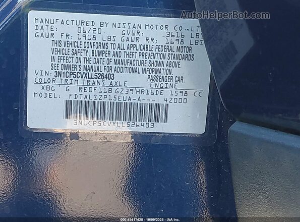3N1CP5CVXLL526403 2020 NISSAN KICKS Blue Widok komory silnika