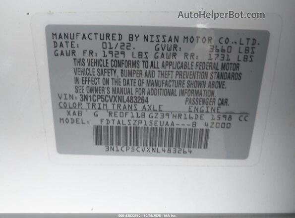 3N1CP5CVXNL483264 2022 NISSAN KICKS White Vista del compartimento del motor