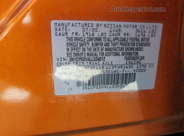 3N1CP5DV4LL534012 2020 NISSAN KICKS Orange Vista interior de 360 grados