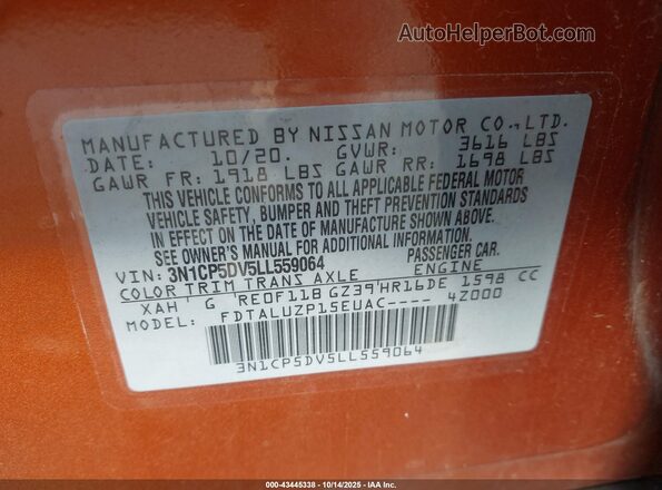 3N1CP5DV5LL559064 2020 NISSAN KICKS Orange Widok komory silnika