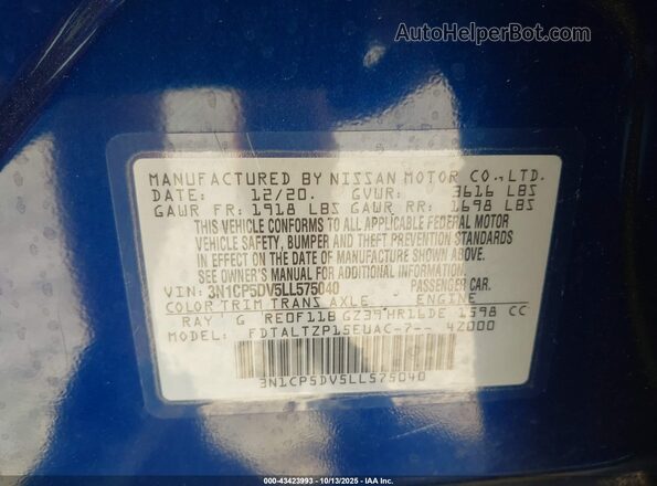 3N1CP5DV5LL575040 2020 NISSAN KICKS Blue Widok komory silnika