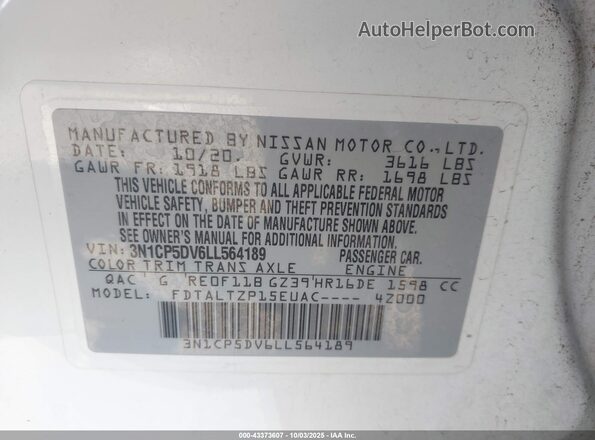 3N1CP5DV6LL564189 2020 NISSAN KICKS White Widok komory silnika