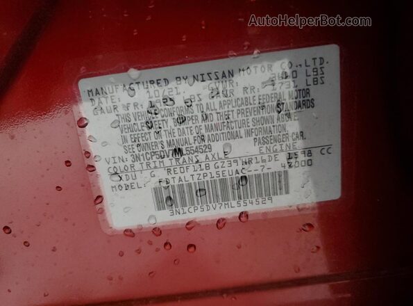 3N1CP5DV7ML554529 2021 NISSAN KICKS Red Вид наклейки з VIN-кодом