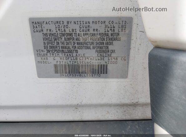 3N1CP5DV8LL555770 2020 NISSAN KICKS White Вид підкапотного простору