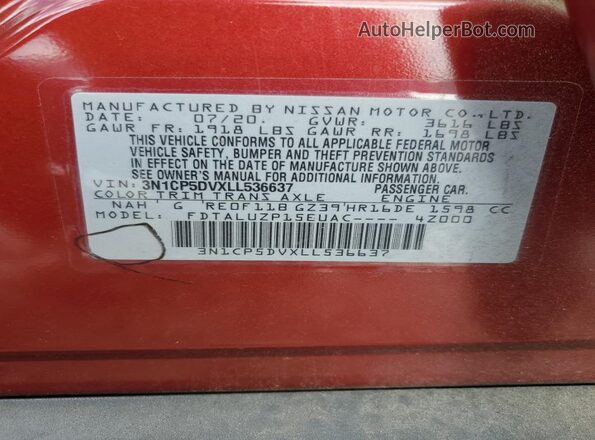 3N1CP5DVXLL536637 2020 NISSAN KICKS Red Engine compartment view