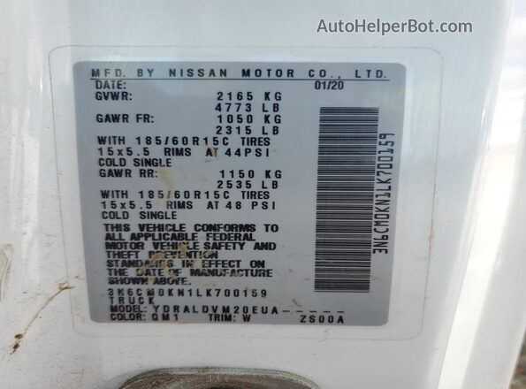 3N6CM0KN1LK700159 2020 NISSAN NV200 White Widok naklejki z numerem VIN