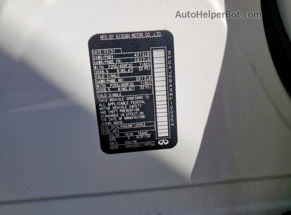 3PCAJ5BA3MF120354 2021 INFINITI QX50 White Vista de la etiqueta del VIN