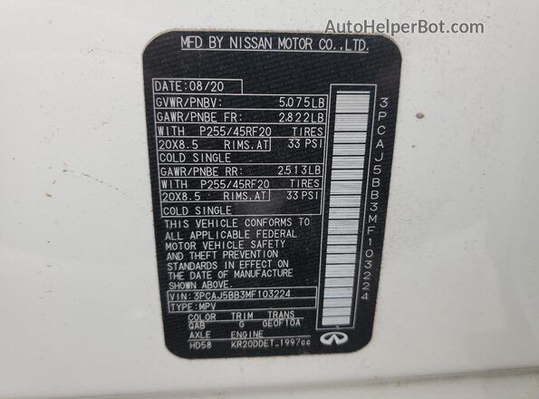 3PCAJ5BB3MF103224 2021 INFINITI QX50 Белый Вид наклейки с VIN-кодом