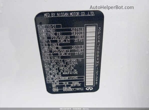 3PCAJ5BBXMF127293 2021 INFINITI QX50 White Вид підкапотного простору