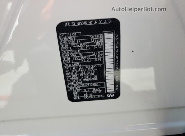 3PCAJ5BBXNF108180 2022 INFINITI QX50 White Вид наклейки з VIN-кодом