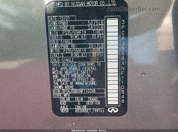 3PCAJ5BBXNF110348 2022 INFINITI QX50 Gray Շարժիչի բաժամունքի տեսք